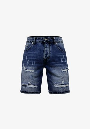 Donkerblauwe spijkershorts met versleten scheuren op de voorkant van de dijen, knoop- en ritsluiting en vijfzakkenontwerp.