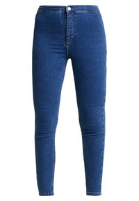 Džínové skinny kalhoty vyrobené z tmavě modrého denimu. Mají přední zip, zapínání na knoflík a minimální detaily šití. Hladký povrch po celém kalhotách.