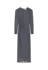 Pikkade varrukatega tumehall kleit drapeeritud disainiga, millel on üle kogu kehakujunduse valged täpid ja ümar kaelus. Sile kangas, millel on peen sära.