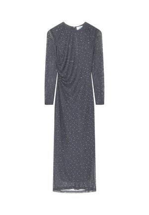 Vestido de manga larga en gris oscuro con un diseño drapeado, adornado con lunares blancos en toda su superficie y un escote redondo. Tejido suave con un brillo sutil.