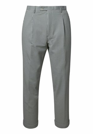 Gestreepte broek in grijs en wit, met een geplooid ontwerp, omgeslagen randen en een knoopsluiting in de tailleband. Gemaakt van een lichtgewicht stof.