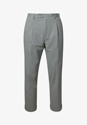 Gestreepte broek in grijs en wit, met een geplooid ontwerp, omgeslagen randen en een knoopsluiting in de tailleband. Gemaakt van een lichtgewicht stof.