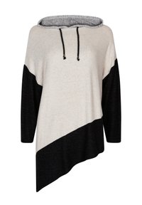Asymmetrisk svart och beige huvtröja med långa ärmar och dragsko i huvan.