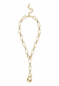 Colier din metal auriu, cu verigi alungite și un detaliu sub formă de pandantiv circular, finisat cu o lanț cu închidere ajustabilă.