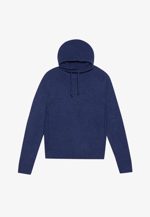 Mørkeblå strikket sweater med hætte, der har et tekstureret mønster og justerbare snore. Lange ærmer og ribbet kant.