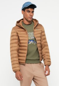 Giacca piumino marrone con cappuccio, design trapuntato, materiale leggero, abbinata a una felpa verde con grafica e pantaloni beige.