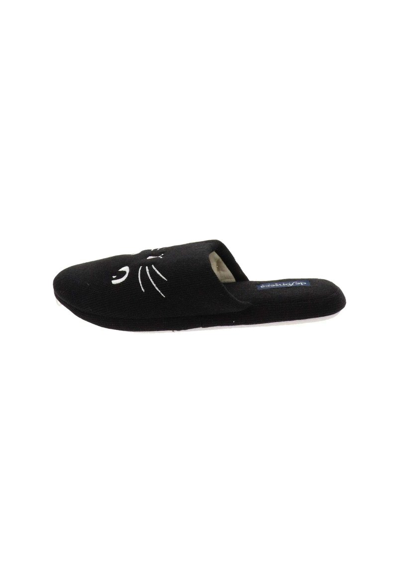 Pantofola in tessuto nero con punta arrotondata, caratterizzata da ricamo di un volto di gatto bianco sulla parte anteriore. Suola morbida, design slip-on senza supporto posteriore.