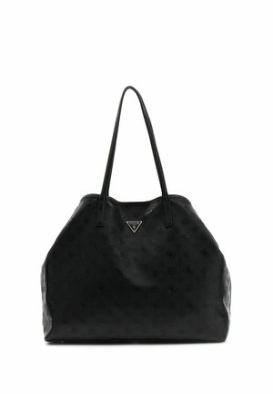 Sac cabas noir Guess avec motif logo embossé, deux bretelles et plaque métallique triangulaire avec logo Guess au centre devant.