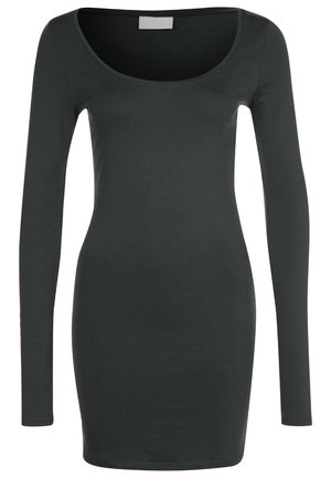Long-sleeved dress in dark green, made of soft, stretchy fabric. Features a scooped neckline and fitted silhouette, extending to mid-thigh.