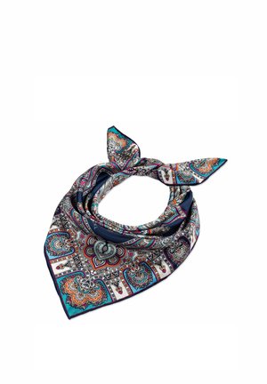 Square silk scarf with intricate paisley patterns in blue, orange, white, and black, folded and knotted at the top.