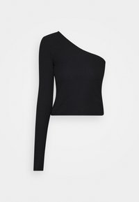 Asymmetrisches schwarzes Rippoberteil mit einem langen Ärmel und einem taillierten, cropped Design. Geschmeidige Textur mit einer körperbetonten Silhouette.