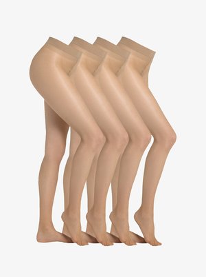 Des collants nus transparents exposés en rangée, présentant une texture lisse et une taille douce, avec une forme de jambe allongée pour une apparence élégante.