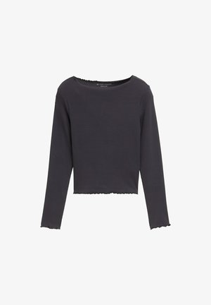 Tmavosivý dlhý rukáv top vyrobený z rebrovanej látky, s lodičkovým výstrihom a skrátenou dĺžkou s surovými okrajmi.