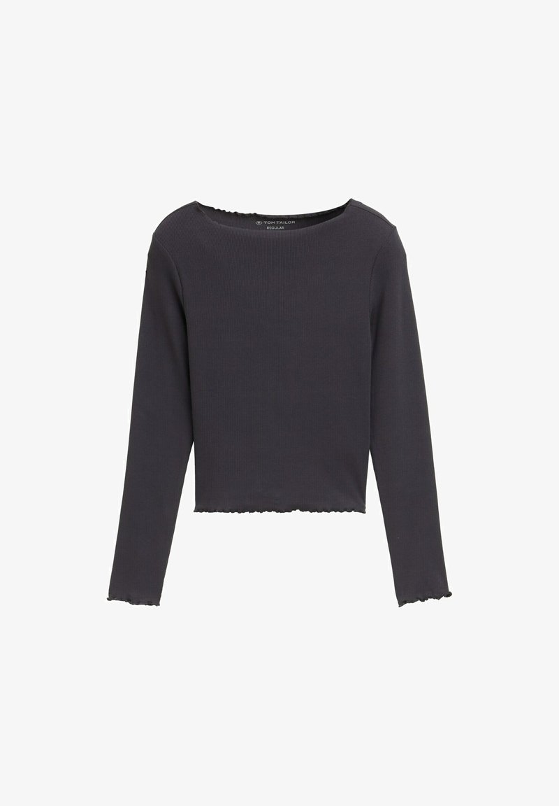 Ciemnoszara bluzka z długim rękawem, wykonana z ribbowego materiału, z dekoltem odsłaniającym ramiona i skróconą długością ze surowymi krawędziami.