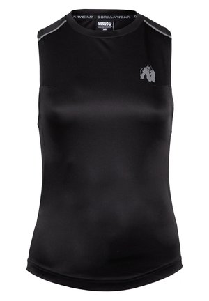 Zwarte mouwloze sporttop gemaakt van een glad, rekbaar materiaal. Heeft een subtiele logo op de borst en reflecterende accenten op de schouders.