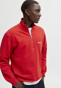 Felpa rossa con zip e collo alto, dotata di polsini a costine e logo sul frontale. Indossata sopra una maglietta bianca a righe, con una vestibilità comoda.