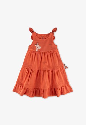 Sleeveless orange toddler dress with tiered skirt, bow-like shoulder details, and a smiling giraffe graphic on the chest.