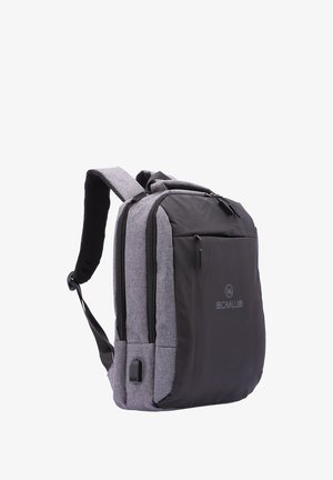 Black and gray backpack with a smooth texture, dual zippers, padded shoulder straps, and a logo on the front. Features mesh accents.