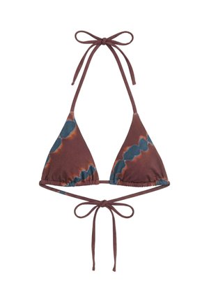 Top bikini a triangolo con motivo tie-dye marrone, blu e arancione, con laccetti regolabili al collo e dietro.