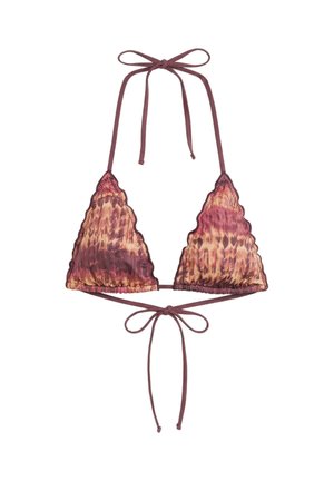 Háromszög alakú bikini felső barna és lila árnyalatú batikolással, hullámos szegéllyel, állítható nyak- és hátrögzítéssel.