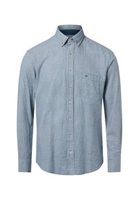 Niebieska kraciasta koszula z długim rękawem, kołnierzykiem na guziki, przednią kieszenią i beżowymi guzikami, wykonana z lekkiej bawełny.