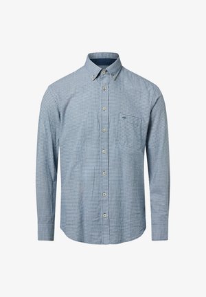 Niebieska kraciasta koszula z długim rękawem, kołnierzykiem na guziki, przednią kieszenią i beżowymi guzikami, wykonana z lekkiej bawełny.