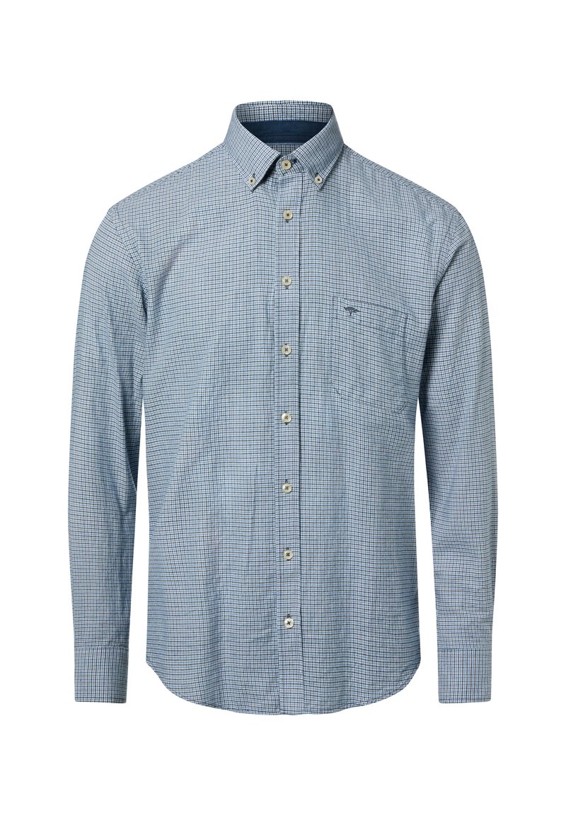 Niebieska kraciasta koszula z długim rękawem, kołnierzykiem na guziki, przednią kieszenią i beżowymi guzikami, wykonana z lekkiej bawełny.