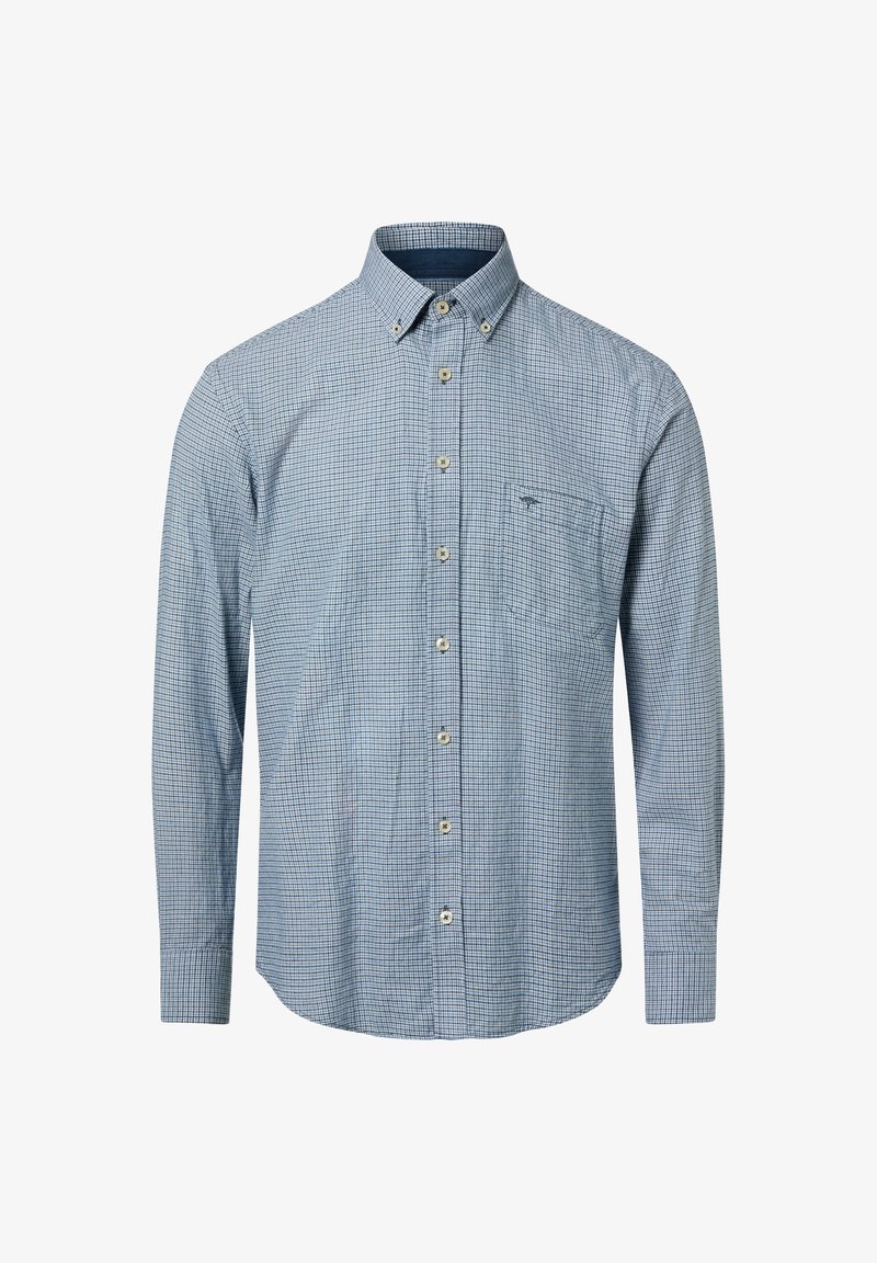 Niebieska kraciasta koszula z długim rękawem, kołnierzykiem na guziki, przednią kieszenią i beżowymi guzikami, wykonana z lekkiej bawełny.