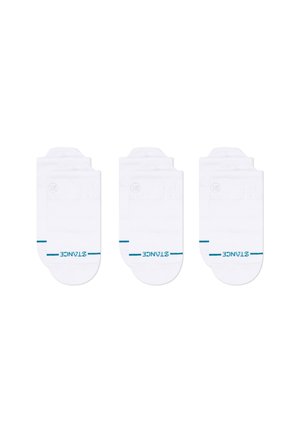 Three pairs of white cotton socks with a blue stripe and logo on the toe area; low-cut design, smooth texture, and reinforced heel.