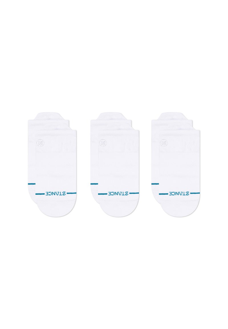 Three pairs of white cotton socks with a blue stripe and logo on the toe area; low-cut design, smooth texture, and reinforced heel.
