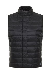 Czarna bezrękawnikowa kamizelka z wyściełanym materiałem, wysokim kołnierzem i poziomym pikowaniem, z przodu ukryty zamek błyskawiczny oraz mała tkaninowa metka z logo na dole.
