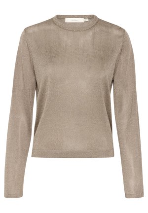 Top lungo beige metallico con maniche lunghe e scollatura rotonda. Texture liscia con una leggera lucentezza, design aderente e silhouette senza tempo.