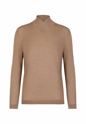 Pull en tricot marron avec un design croisé en V et des manches longues. Texture lisse avec des poignets et un ourlet côtelés.