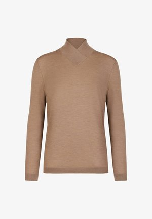 Brun strikket pullover med kryds V-hals design og lange ærmer. Glat tekstur og ribbede manchetter og kant.