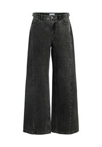 Wide-leg trousers made of dark washed denim, featuring a high waist, front pockets, and contrasting stitching along seams.