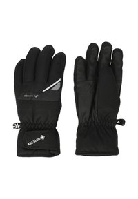 Svarta handskar gjorda av texturerat tyg med tryckt logotyp och reflekterande accenter, med elastiska manschetter för en säker passform.