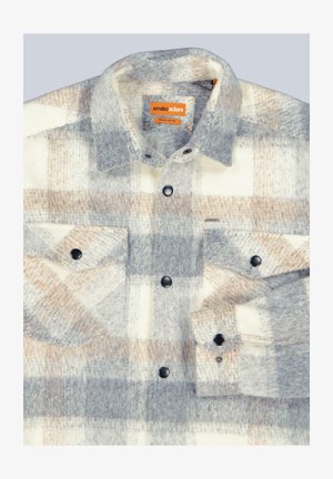 Karierte Hemd in Grau, Beige und Weiß aus Wollmischung; mit Druckknöpfen, zwei Fronttaschen und klassischem Kragen. Reguläre Passform.