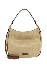 Sac à épaule tissé beige avec des accents en cuir brun clair, un dessus incurvé et une base plate. Comprend des accessoires en métal doré et une bandoulière ajustable.
