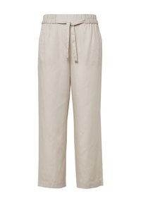 Beżowe, lekkie spodnie z elastycznym paskiem, regulowanym sznurkiem w talii i szerokimi, skróconymi nogawkami. Gładki materiał bez wzorów.