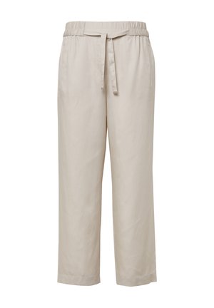 Beige, lichte broek met een elastische tailleband, verstelbare strikceintuur en cropped wijde pijpen. Glad materiaal zonder patronen.