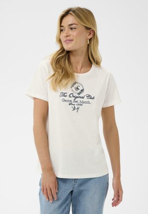 Weißes Baumwoll-T-Shirt mit rundem Ausschnitt, kurzen Ärmeln und marineblauen Grafiken mit der Aufschrift "The Original Club" sowie dekorativen Elementen.