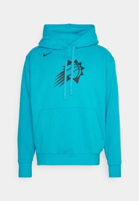 Felpa con cappuccio turchese con logo di basket nero e design a raggi di sole. Presenta una tasca a marsupio e un cappuccio con coulisse regolabile.