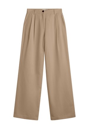 Beige vide bukser med frontplissert, sidelommer, beltehemper og knappelukking i livet.