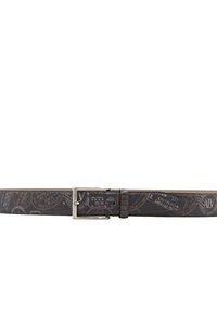 Cintura in pelle marrone con motivo, presenta una fibbia in metallo color argento, con grafiche a tema viaggio e dettagli in rilievo su tutta la superficie.
