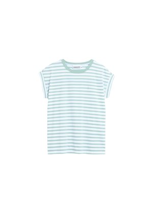 T-shirt à manches courtes avec des rayures horizontales vert clair et blanches et un col rond.