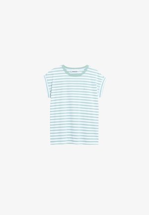 T-shirt à manches courtes avec des rayures horizontales vert clair et blanches et un col rond.