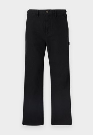Black cotton trousers with straight legs, button closure, belt loops, and side pockets. Smooth texture with no visible patterns or branding.