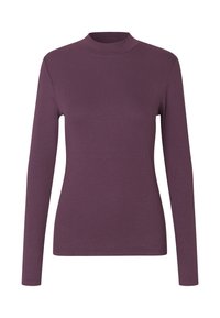 Dlhý rukáv top v bohatej fialovej farbe, ktorý má vysoký golier, rebrovanú textúru a priliehavý strih pre elegantný siluet.