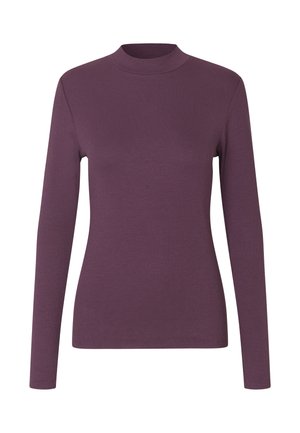 Majica z dolgimi rokavi v bogati vijolični barvi, z visokim ovratnikom, rebrasto teksturo in prilegajočim se dizajnom za povsem oblikovano silhueto.