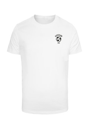 White cotton t-shirt featuring a black print of a soccer ball, the word "Deutschland," and "2024" in a circular design on the left chest.